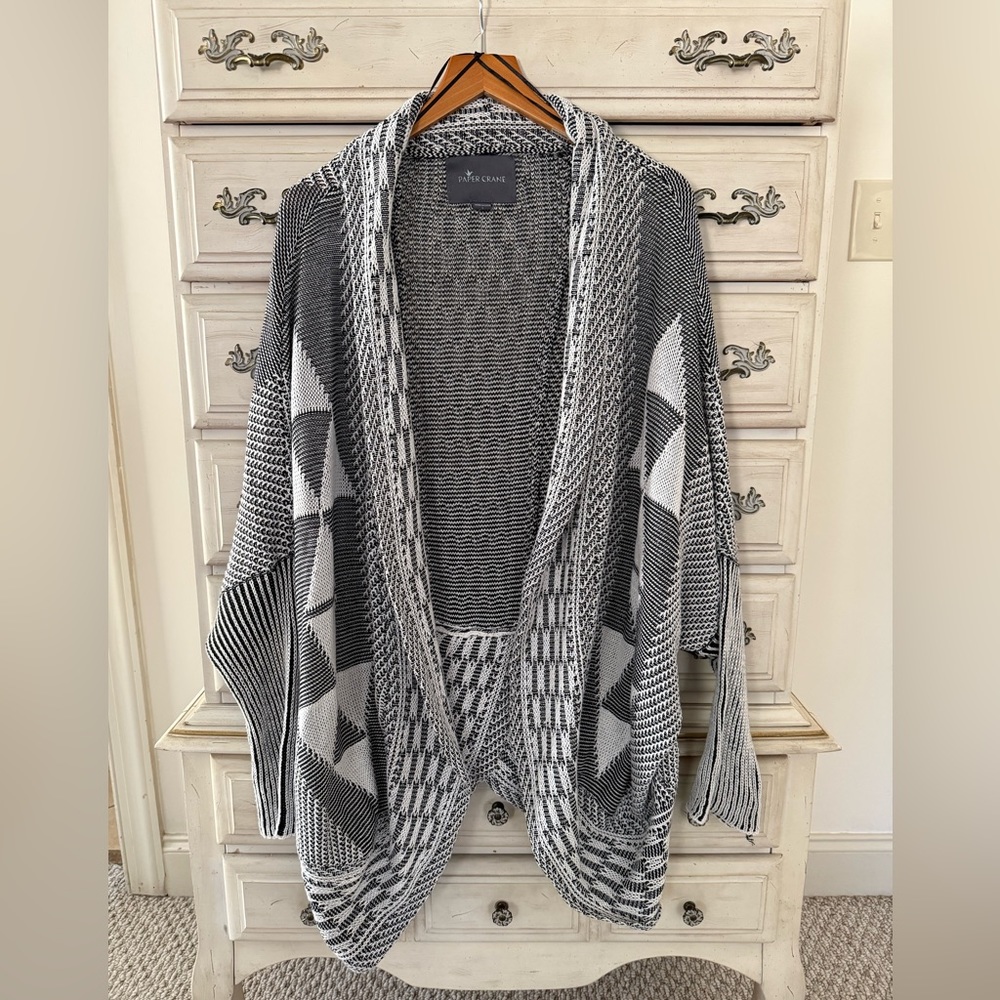 Anthropologie Black and White Geometric Open-Front Cardigan